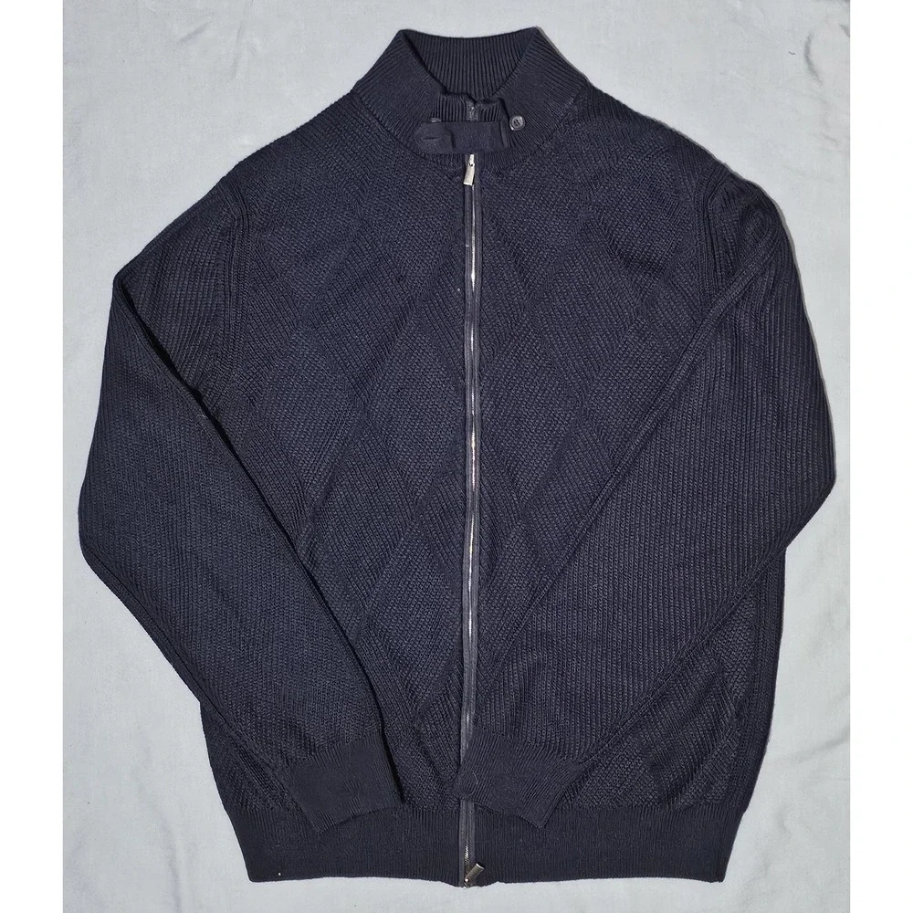 Dalmine Sweater Mens 56‎ Navy Blue Full Zip Italian Extra Fine Merino Wool Knit